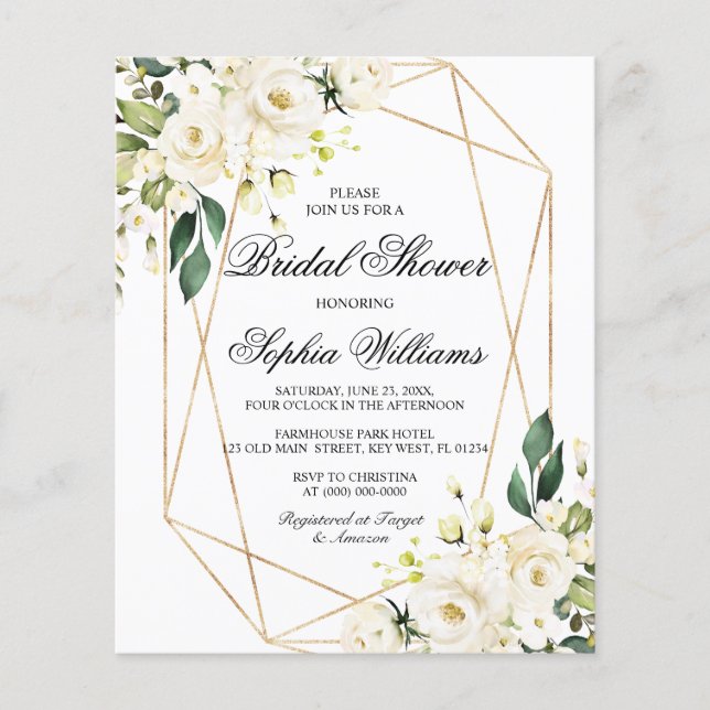 Budget White Rose & Green Bridal Dusche Einladung (Vorderseite)