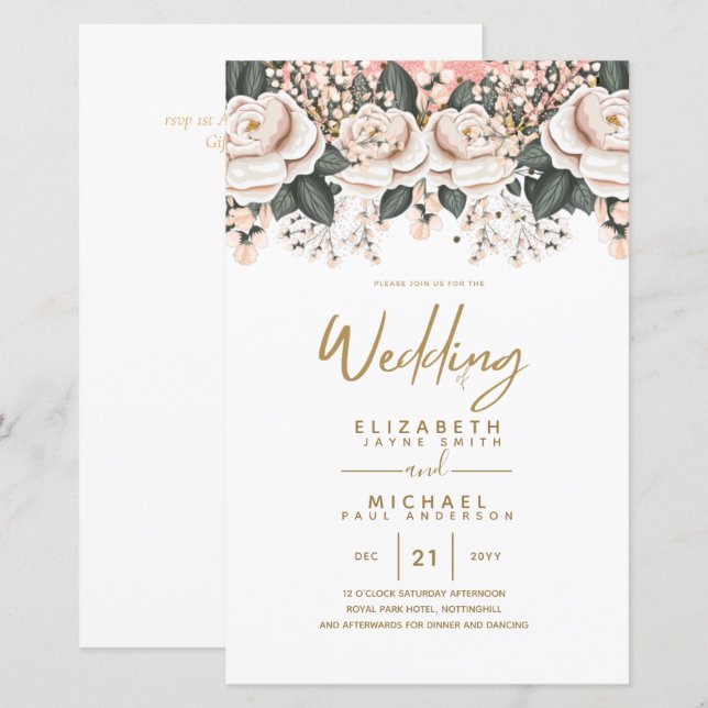 Budget White Roses Botanische Hochzeit Einladungen (Vorne/Hinten)