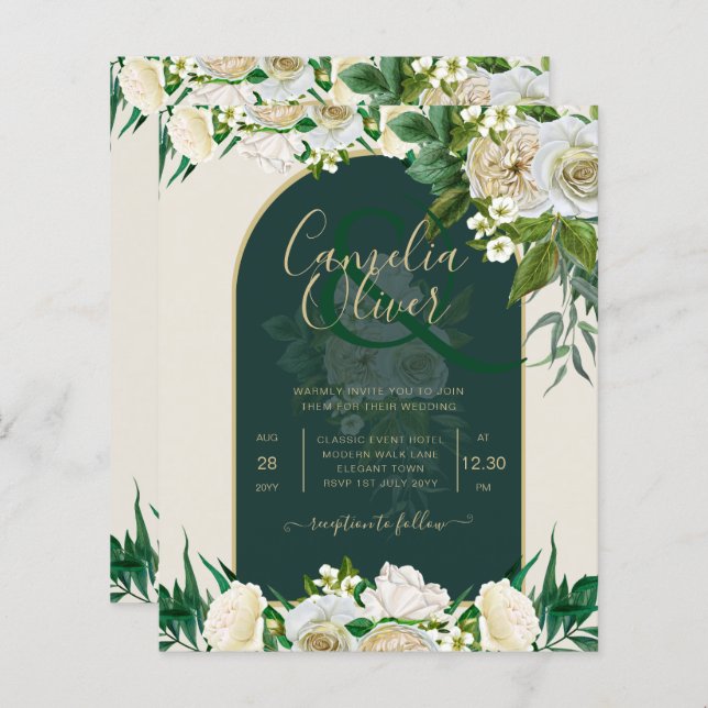 BUDGET White Roses Forest Green Winter Wedding INV (Vorne/Hinten)