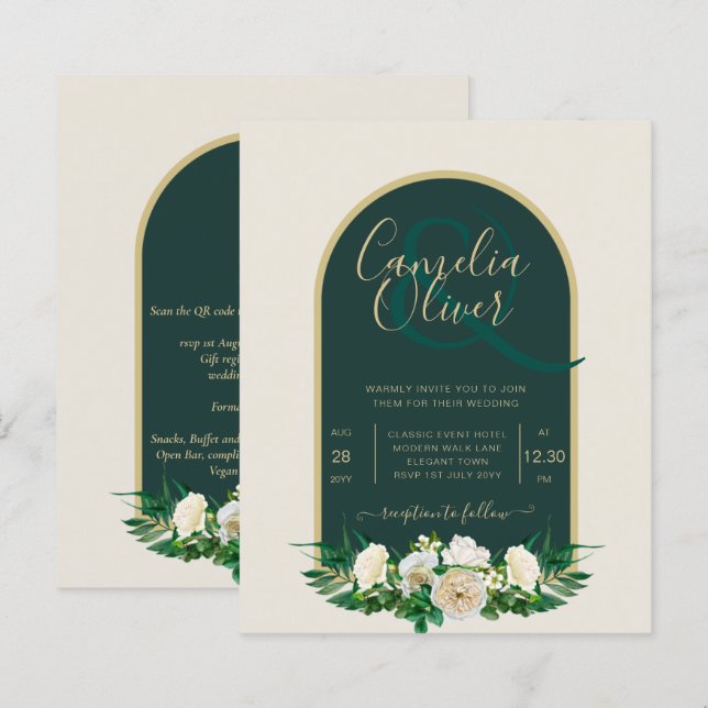 BUDGET White Roses Forest Green Winter Wedding INV (Vorne/Hinten)