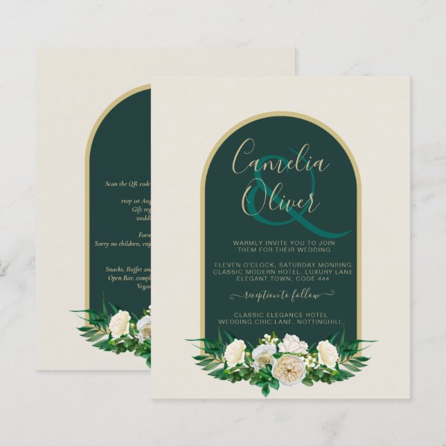 BUDGET White Roses Forest Green Winter Wedding INV (Vorne/Hinten)