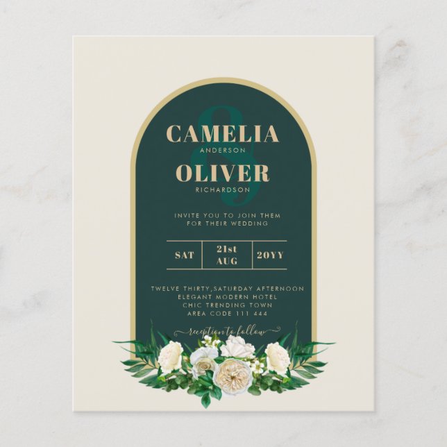 BUDGET White Roses Forest Green Winter Wedding INV Flyer (Vorne)