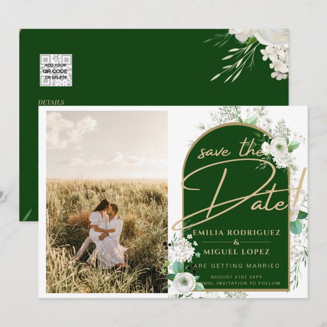 Budget White Roses Green Wedding speichern Sie das Einladung (Vorne/Hinten)
