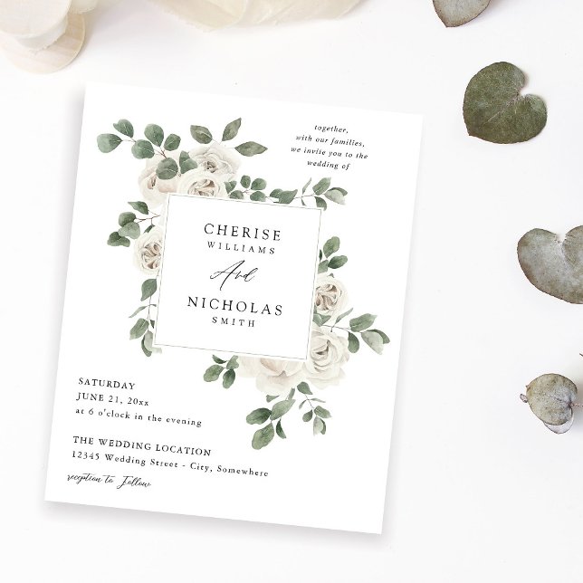 Budget White Soft Floral & Eukalyptus Wedding Flyer (Von Creator hochgeladen)
