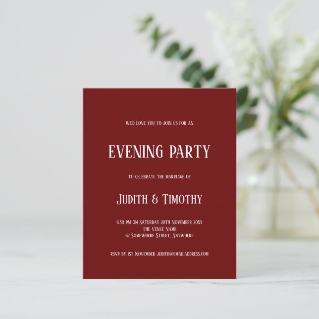 Budget White Text Burgundy Abend Party Einladung (Stehend Vorderseite)