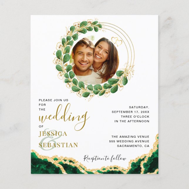 Budget White und Emerald Agate Eucalyptus Wedding Flyer (Vorne)