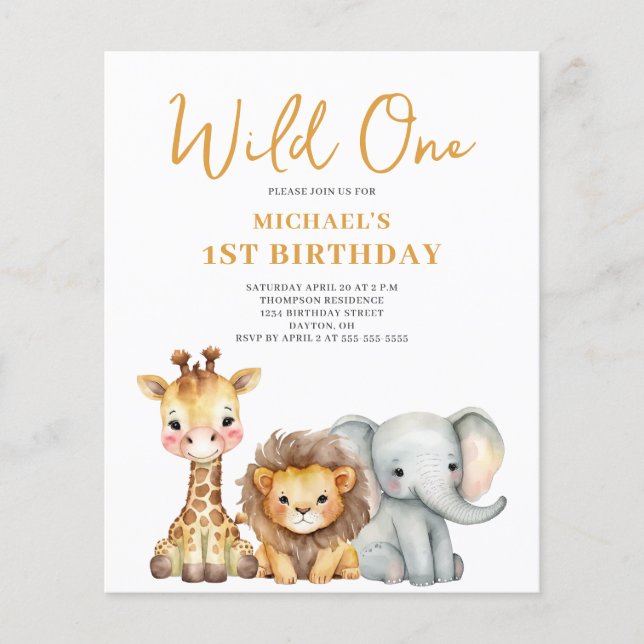 Budget Wild One Safari 1. Geburtstag Einladung Flyer (Vorne)