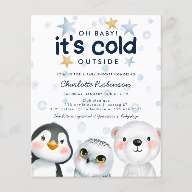 Budget Winter Arctic Animal Baby Shower Einladung (Vorderseite)