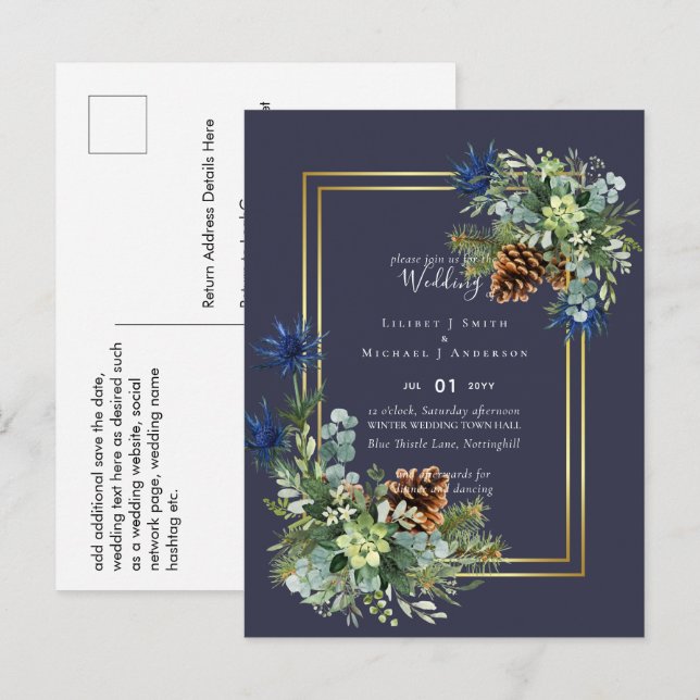 BUDGET Winter Blue Thistle Wedding lädt ein Postkarte (Vorne/Hinten)