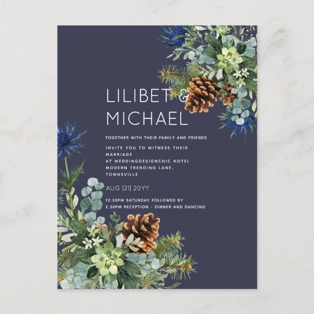 BUDGET Winter Blue Thistle Wedding Postkarte (Vorderseite)