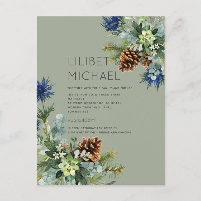 BUDGET Winter Blue Thistle Wedding Postkarte (Vorderseite)