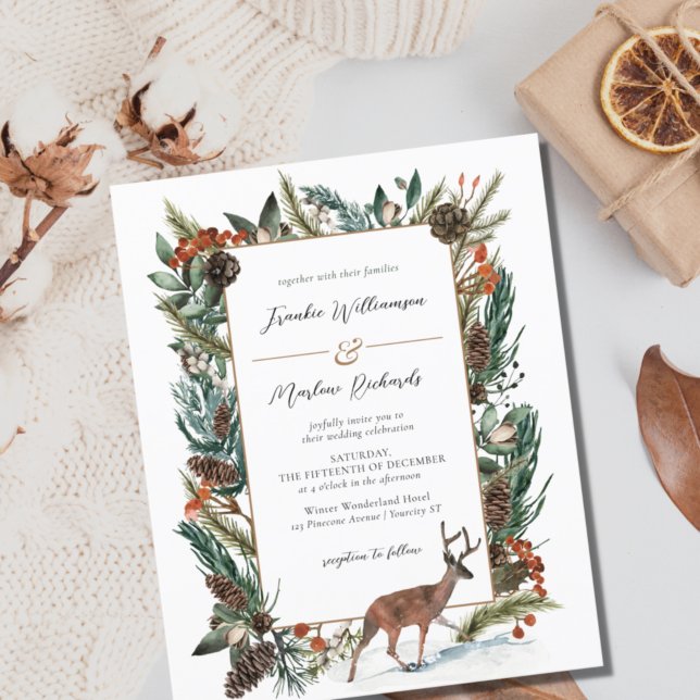 Budget Winter Greenery Pine Cone Wedding Einladung (Von Creator hochgeladen)