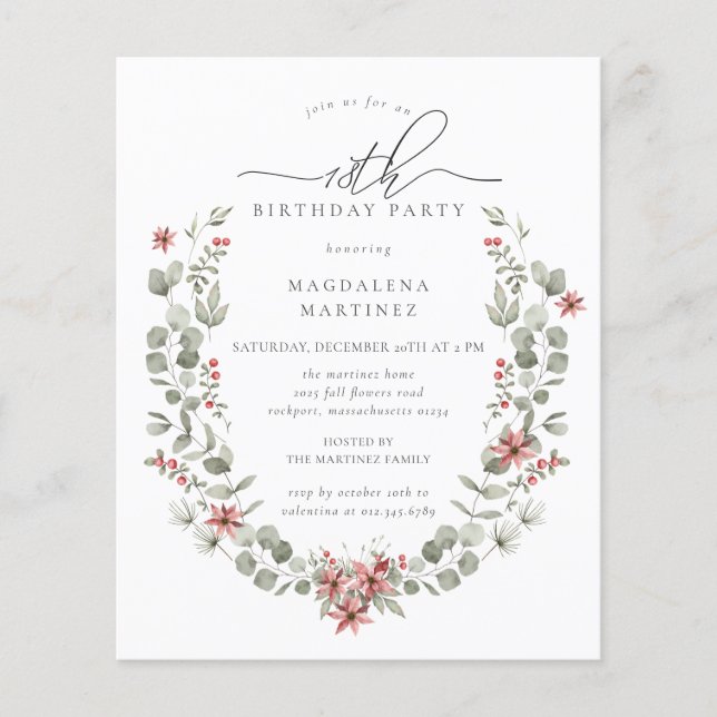 Budget Winter Greenery Red Floral 18. Geburtstag (Vorderseite)