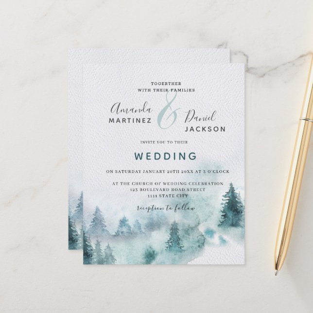 Budget Winter Mountain Forest Wedding Einladung (Vorderseite/Rückseite Beispiel)