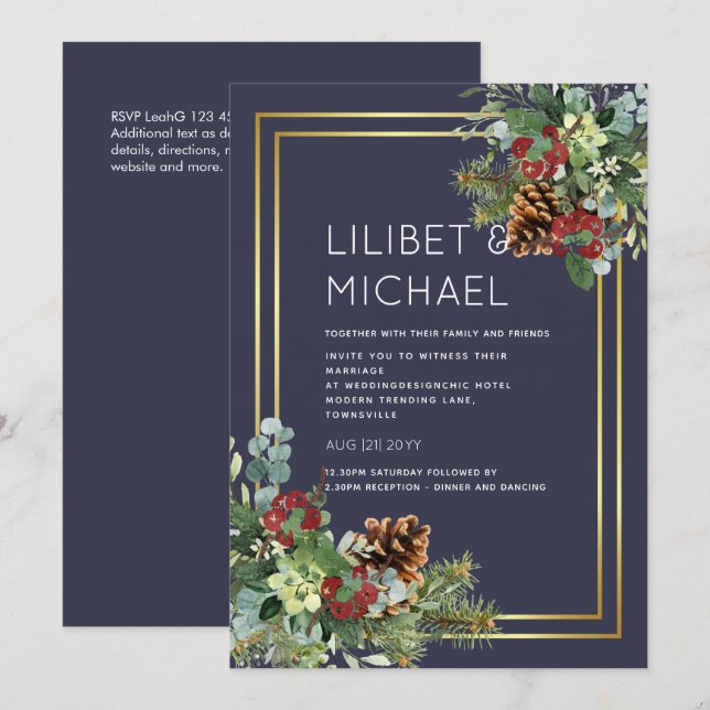 BUDGET Winter Red Berries Pine Cones Wedding Einladung (Vorne/Hinten)