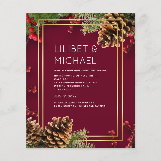 BUDGET Winter Red Berries Pine Cones Wedding Flyer (Vorne)