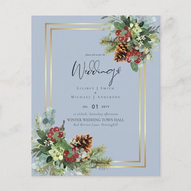 BUDGET Winter Red Berries Pine Cones Wedding Flyer (Vorne)