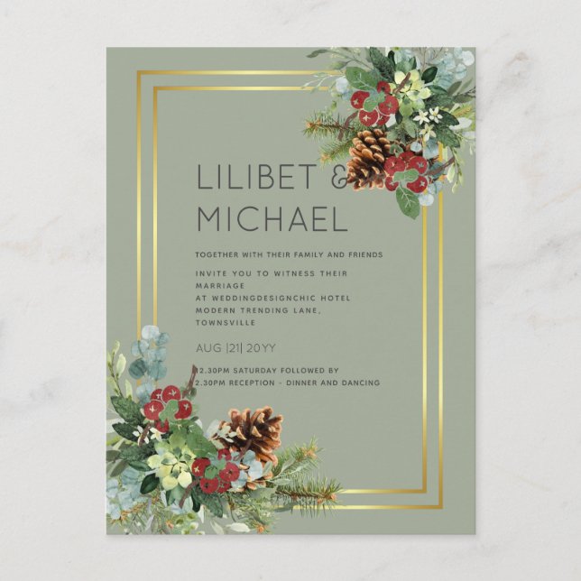 BUDGET Winter Red Berries Pine Cones Wedding Postkarte (Vorderseite)