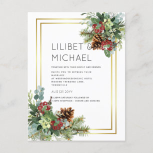 BUDGET Winter Red Berries Pine Cones Wedding Postkarte