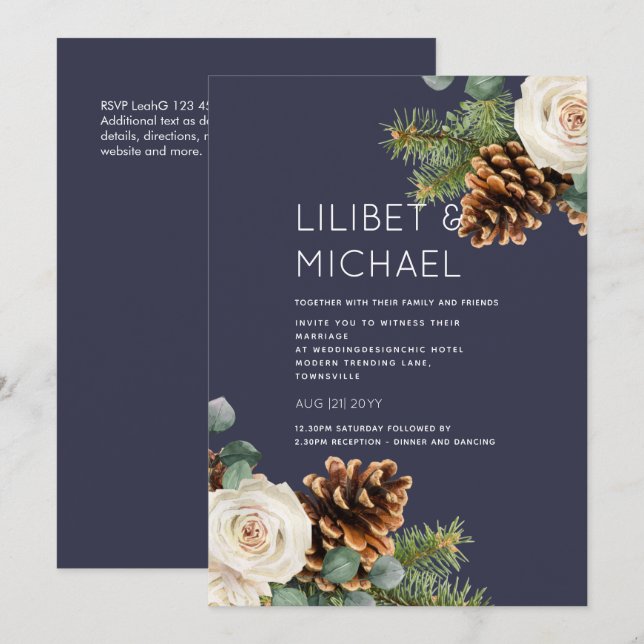 BUDGET Winter Wedding Eukalyptus Grüne Rose Einladung (Vorne/Hinten)
