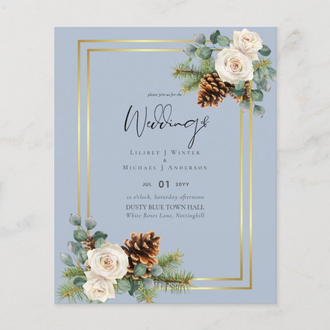 BUDGET Winter Wedding White Roses Gold Dusty Blue Flyer (Vorne)