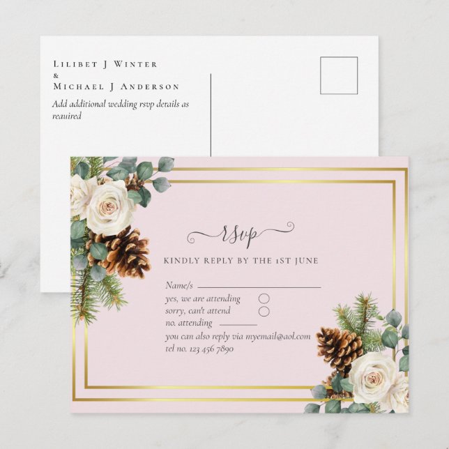 BUDGET Winter Wedding White Roses Gold Dusty Blue Postkarte (Vorne/Hinten)