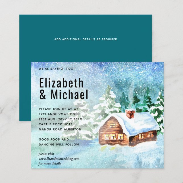 Budget Winter Woodland Cabin Wedite Einladung (Vorne/Hinten)
