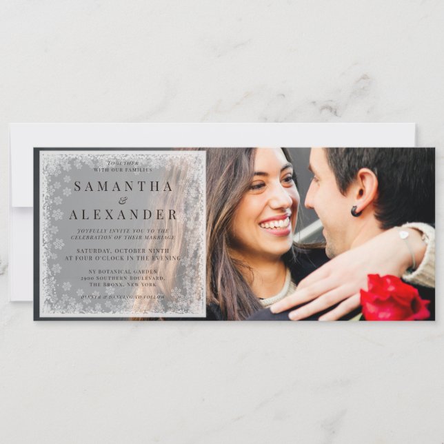 Budget Winterschneeflocken Overlay 2 Foto Hochzeit Einladung (Vorderseite)