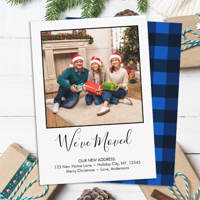 Budget Wir haben Foto Blue Kariert Holiday Moving  Mitteilungskarte (Von Creator hochgeladen)