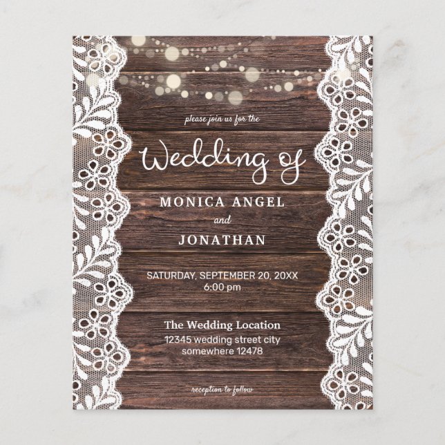Budget Wood Lace String Lights Wedding Flyer (Vorne)