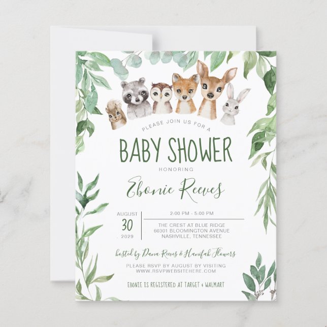 Budget Woodland Animals Kinderdusche Einladung (Vorderseite)