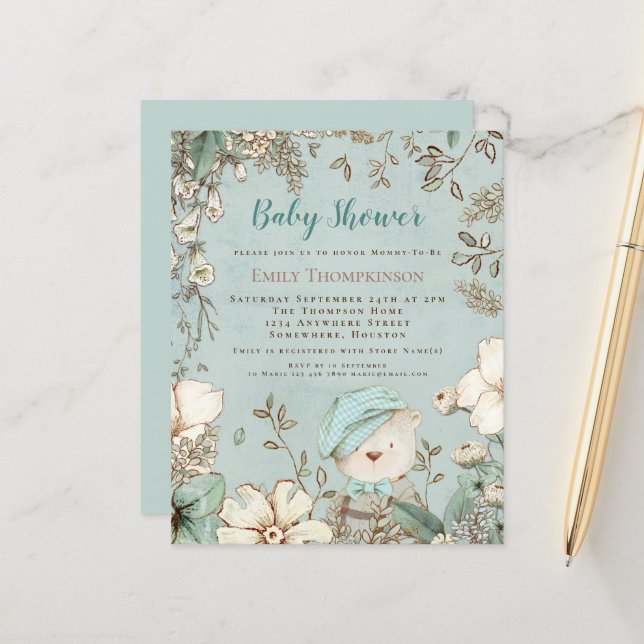 Budget Woodland Bear Boy Baby Dusche einladen (Vorderseite/Rückseite Beispiel)