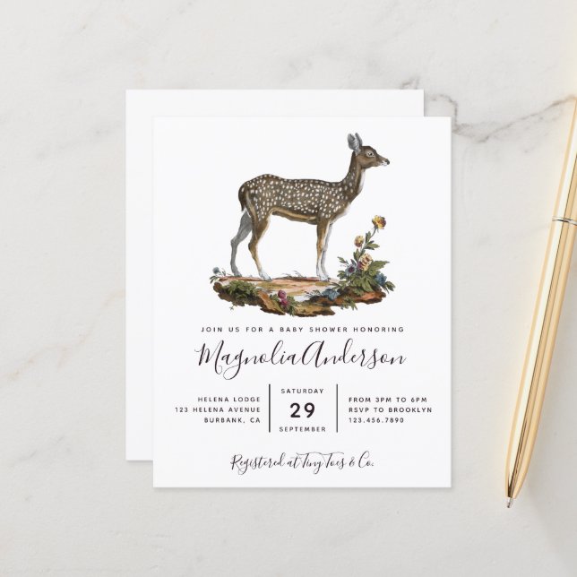 Budget Woodland Deer Baby Shower Einladung (Vorderseite/Rückseite Beispiel)