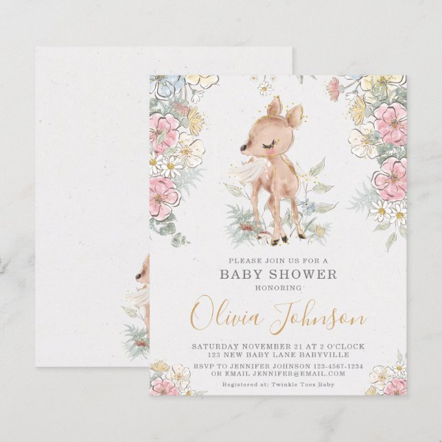 BUDGET Woodland Deer Floral Baby Dusche Einladung (Vorne/Hinten)
