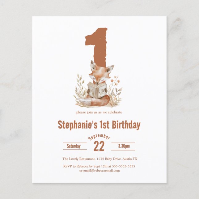 Budget Woodland Fox Lesen eines Buches 1. Geburtst (Vorderseite)