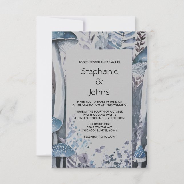 Budget Woodland Pilze Gray Blue Rustic Wedding Einladung (Vorderseite)