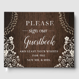 Budget Woodsy Rustic String Lights Wood Wedding Gästebuch