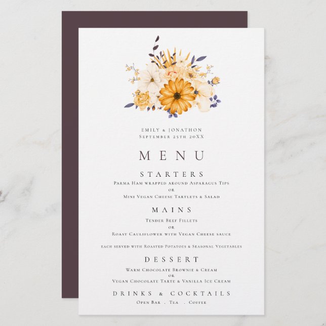 Budget Yellow Florals Foliage Wedage Menu (Vorne/Hinten)