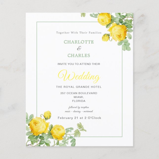 Budget Yellow Roses Elegante Blumenhochzeit Einlad Flyer (Vorne)