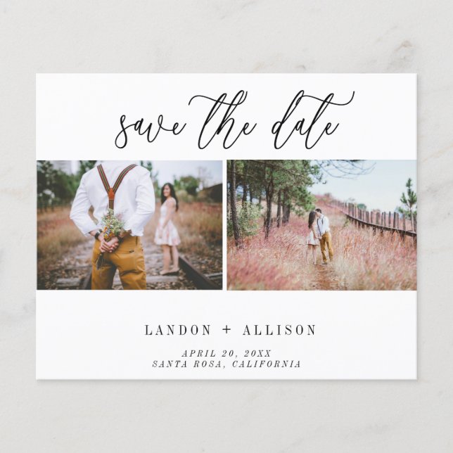Budget Zwei Foto Save the Date Postkarte (Vorderseite)