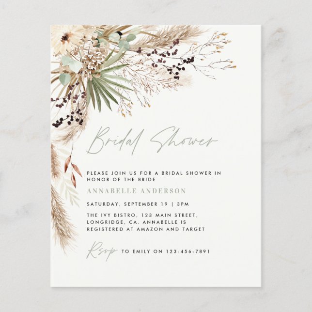 BudgetcBridal Duschpampas Gras Moderne Einladung Flyer (Vorne)