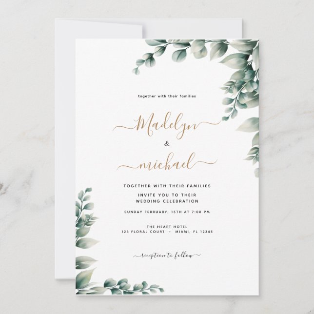 Budgetreue Eukalyptus-Hochzeit Einladung (Vorderseite)