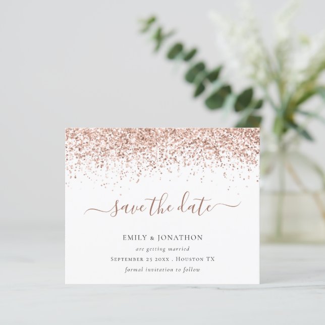 Budgetskript-Rose Gold-Glitzer Save the Date (Stehend Vorderseite)