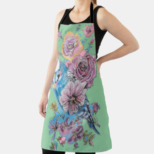 Budgie Aquarelle Rose Floral Design Vert tablier