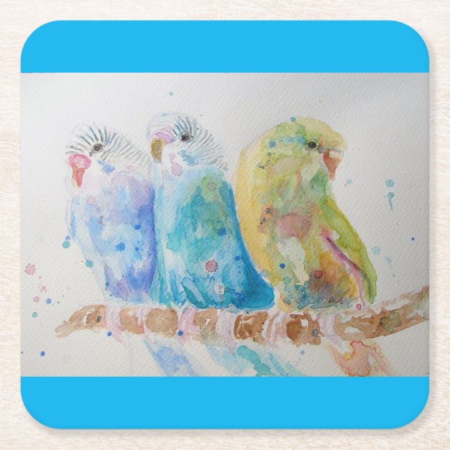 Budgie Aquarellmalerei Vogel Cushion Aqua Aquamari Rechteckiger Pappuntersetzer (Vorderseite)