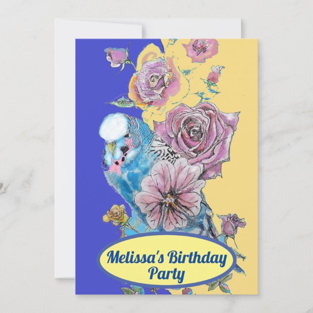 Budgie Blue Bird Birthday Girls Rote Rose Blume Einladung (Vorderseite)