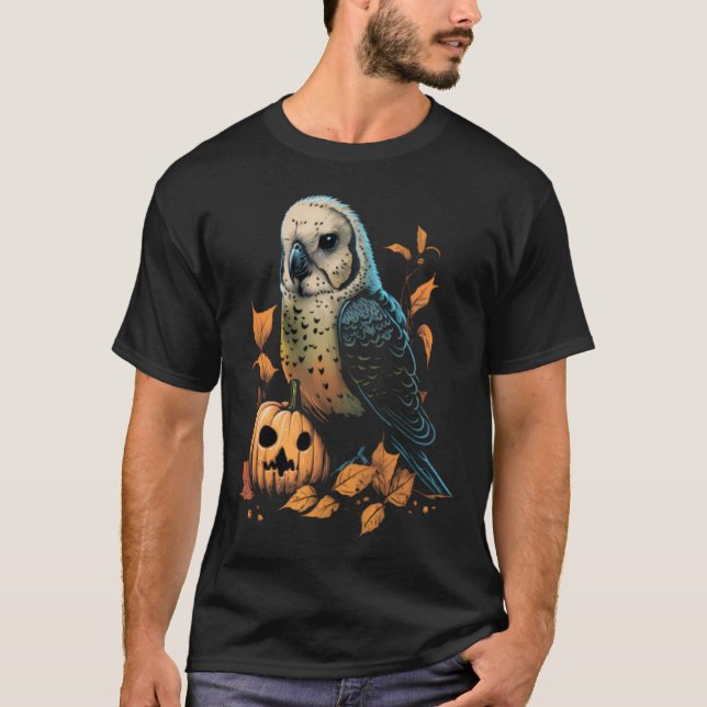 Budgie Halloween Pumpkin Budgerigar Parakeet Bird T-Shirt (Vorderseite)