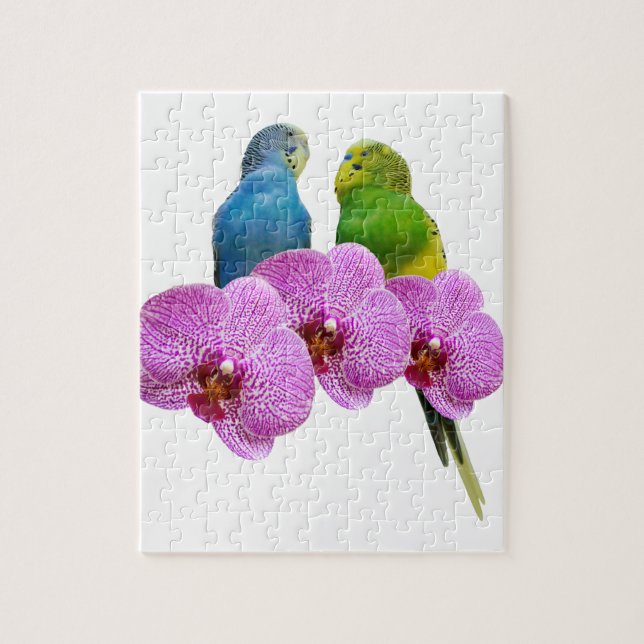 Budgie mit lila Orchidee (Vertikal)