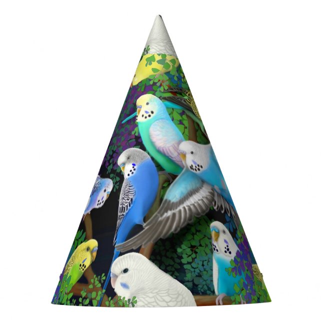 Budgie Parakeets im Farn-Party-Hut Partyhütchen (Vorderseite)