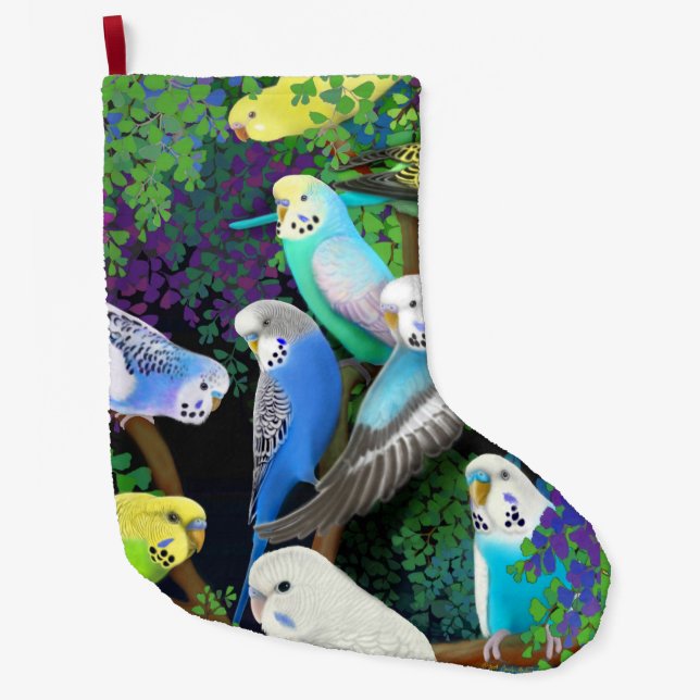 Budgie Parakeets im Farn-WeihnachtsStrumpf Großer Weihnachtsstrumpf (Vorderseite)